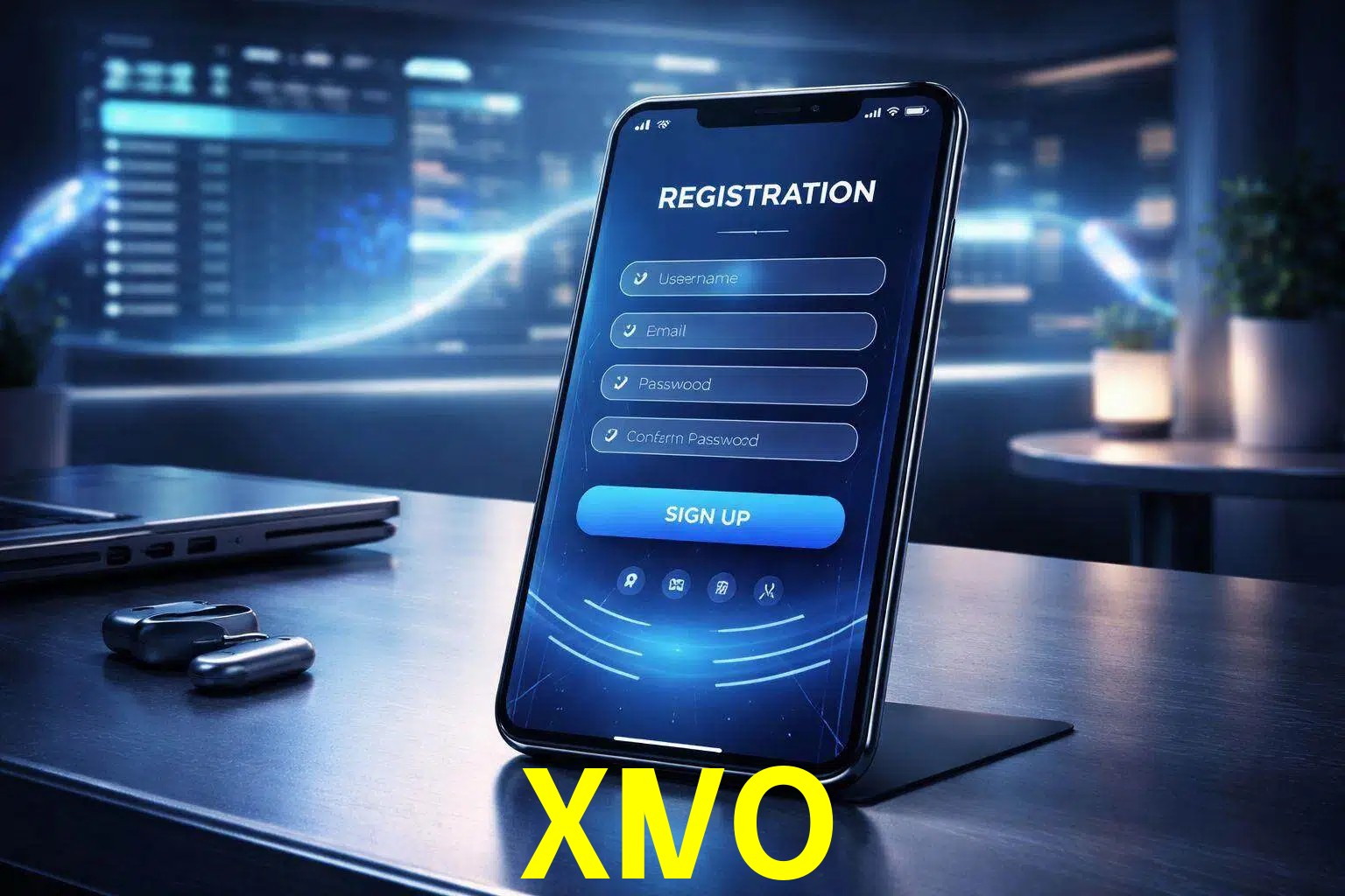 Una interfaz moderna de registro móvil para XIVO mostrada en un smartphone con un panel de apuestas elegante.